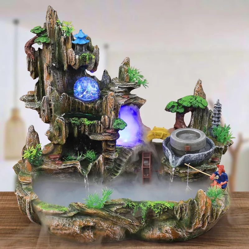 Mountain View Rockery Fountain Water Circulation Small Fish Garden Bonsai Decoration Lucky Feng Shui Ornaments & Humidifier