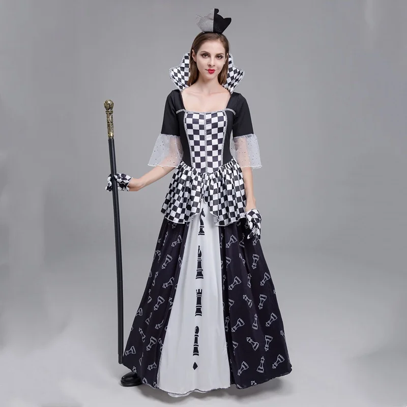 new-loween-poker-queen-performance-costume-masquerade-ball-queen-bla-and-white-clown-long-skirt-stage-costume