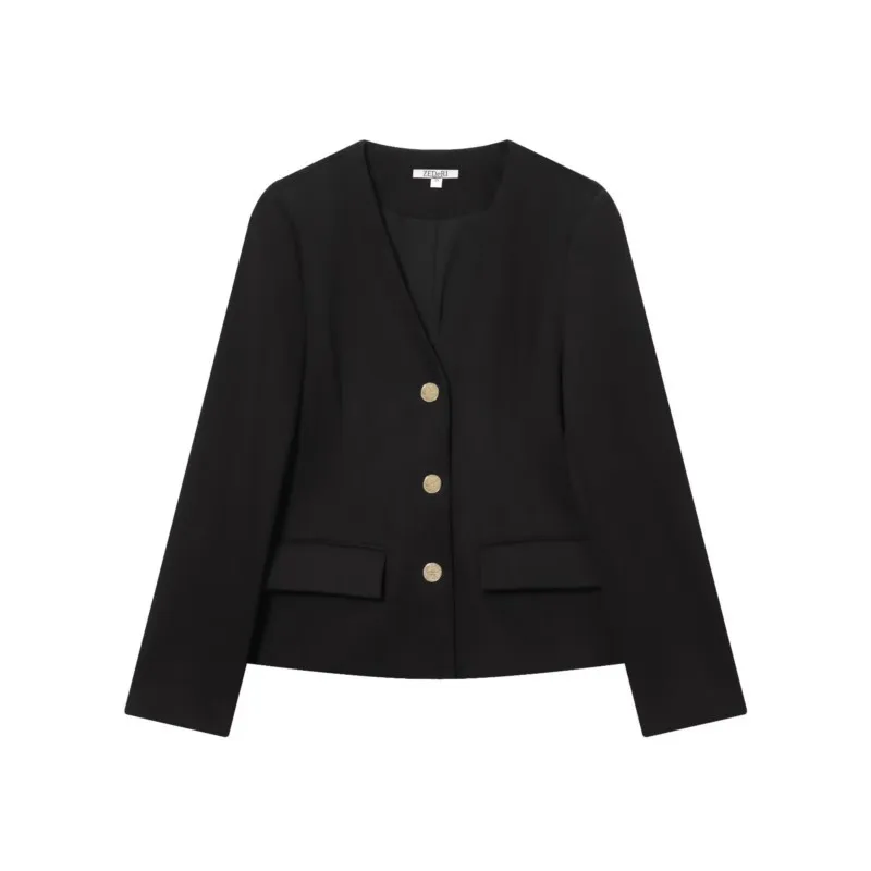 

Autumn Women Short Blazer with Shoulder Pads Fashion V Neck Long Sleeves Lady Button Pocket Coat Chic Female Warm Tops