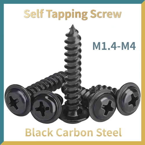 Tornillos autorroscantes de cabeza redonda con arandela, Phillips, negro, M1.4, M1.7, M2, M2.5, M3, M3.5, M4, PWA, 50/ 100/ 200 unidades por lote