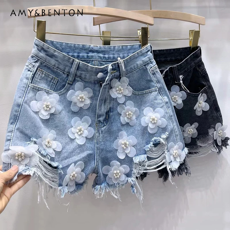 

Embroidered Ripped Three-Dimensional Flower High Waist Denim Shorts Women's Summer New Loose Slimming Wide Leg Short Booty Pants