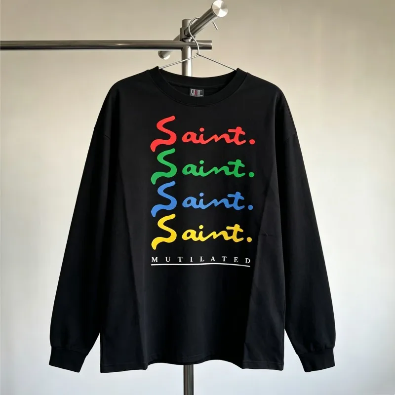 Fashion Street Men Women Casual Outfit Saint Long Sleeve Tshirts Colorful Signature Letter Barrage Logo Black Round Neck Tops