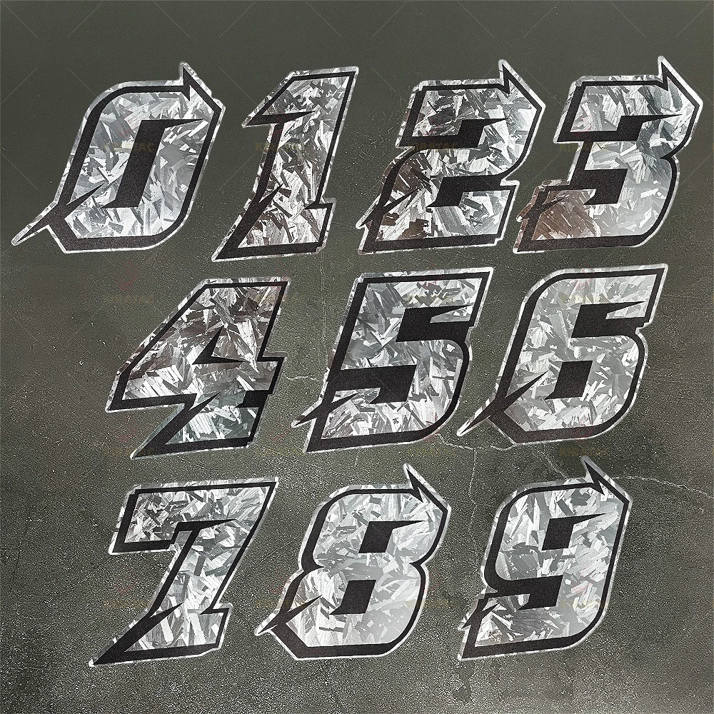Silver Carbon Fiber Arabic Numeral Stickers Waterproof Vinyl Decals for Moto Fuel Tank Fairing Helmet Front Fender Decor