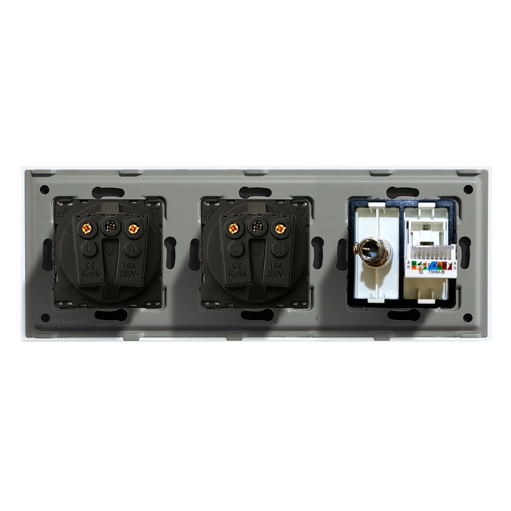 DAJIMEI TV CAT6 Computer Internet With EU Russia Standard Sockets Double Wall Plug Crystal Glass Panel Home Improvement