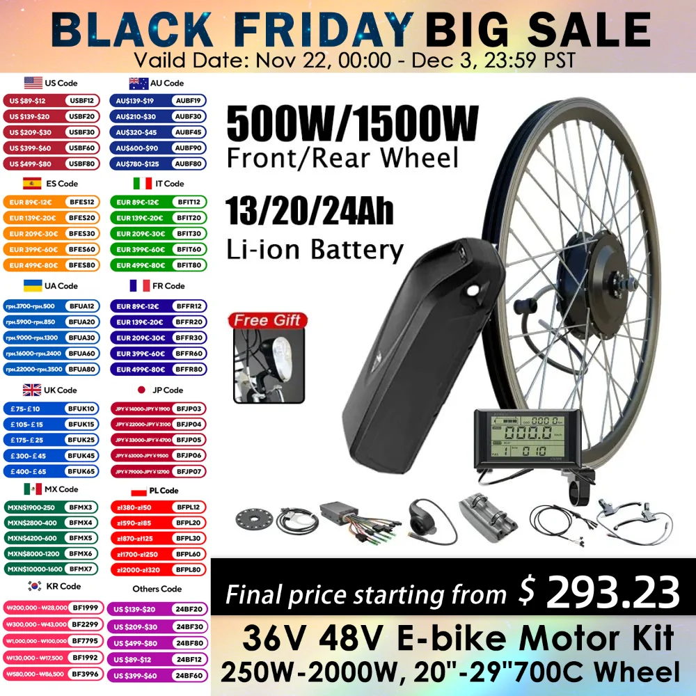 500W 1500W Rear Motor Ebike Kit Hailong Lithium Battery 48V 13ah 20ah 24ah 26