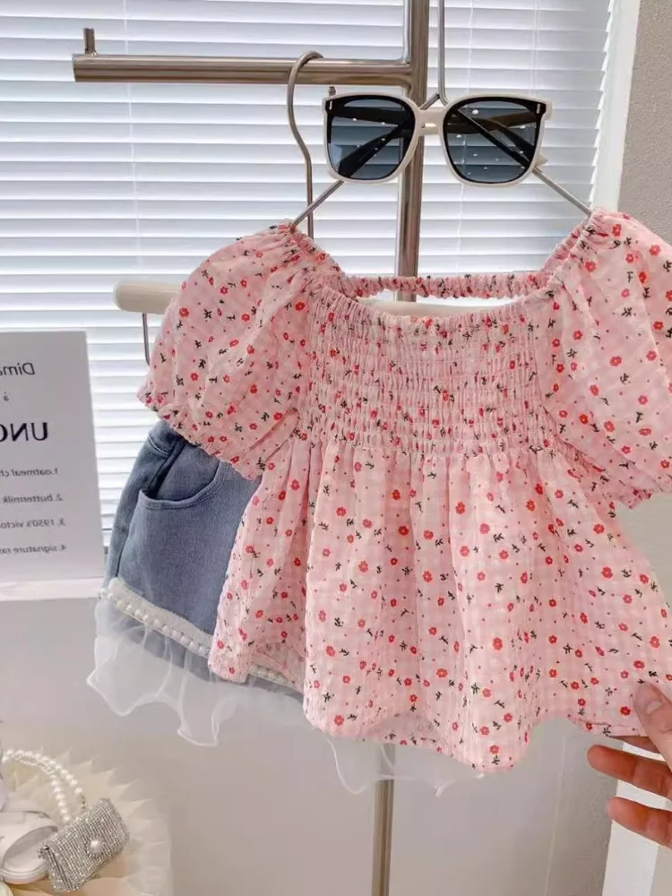 夏花柄半袖シャツ小さな女の子ベビードールスタイル花柄スカートセットスクエアカラー多用途シルクトップ