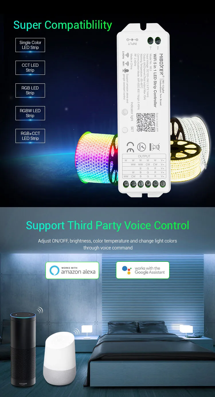 Milight WIFI Tuya Alexa Google Home Voice Smart Control WL5 FUT035W-039W RF 2.4G 5 IN 1 Remote For Single CCT RGB RGBW LED Strip