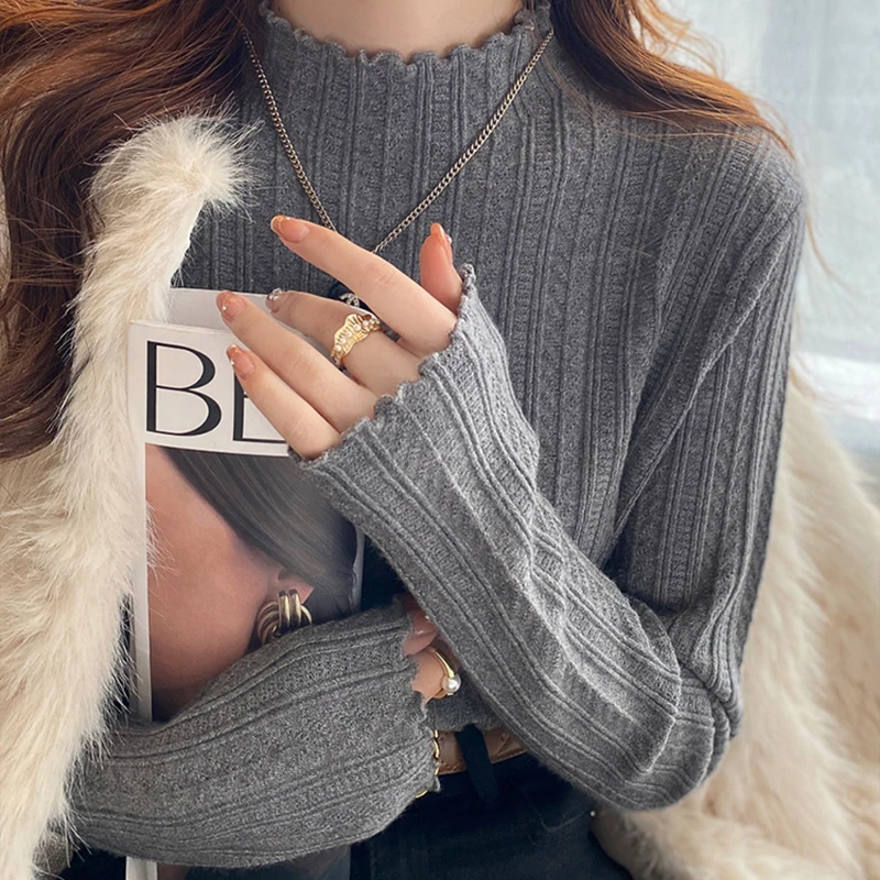 Y2k Office Women Sweaters Pullovers Korean Half High Collar Female Casual Tops Autumn Knitted All Match Long Sleeve Ladies Tops