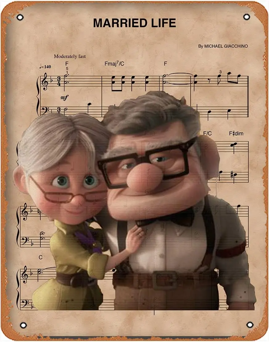 Оловянные вывески Up, Pearl & Ellie, Married Life Sheet Music Винтажный офисный декор Забавные металлические жестяные вывески Гараж Человек Пещера Настенный декор Gif