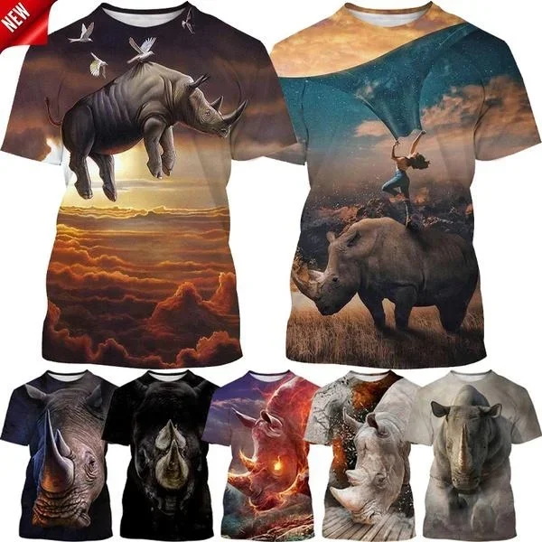 2024 New Men\'s Large Animal Print T-shirt African Rhino 3D Printed T Shirt Harajuku Hip-hop Casual Fashion Streetwear Top