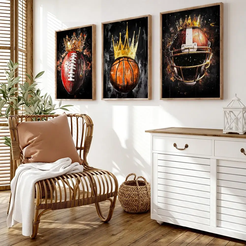Soccer Basketball Baseball Golden Crown Poster Wall Stickers HD Painting Self Adhesive Decals for Bedroom Living Room Home Decor