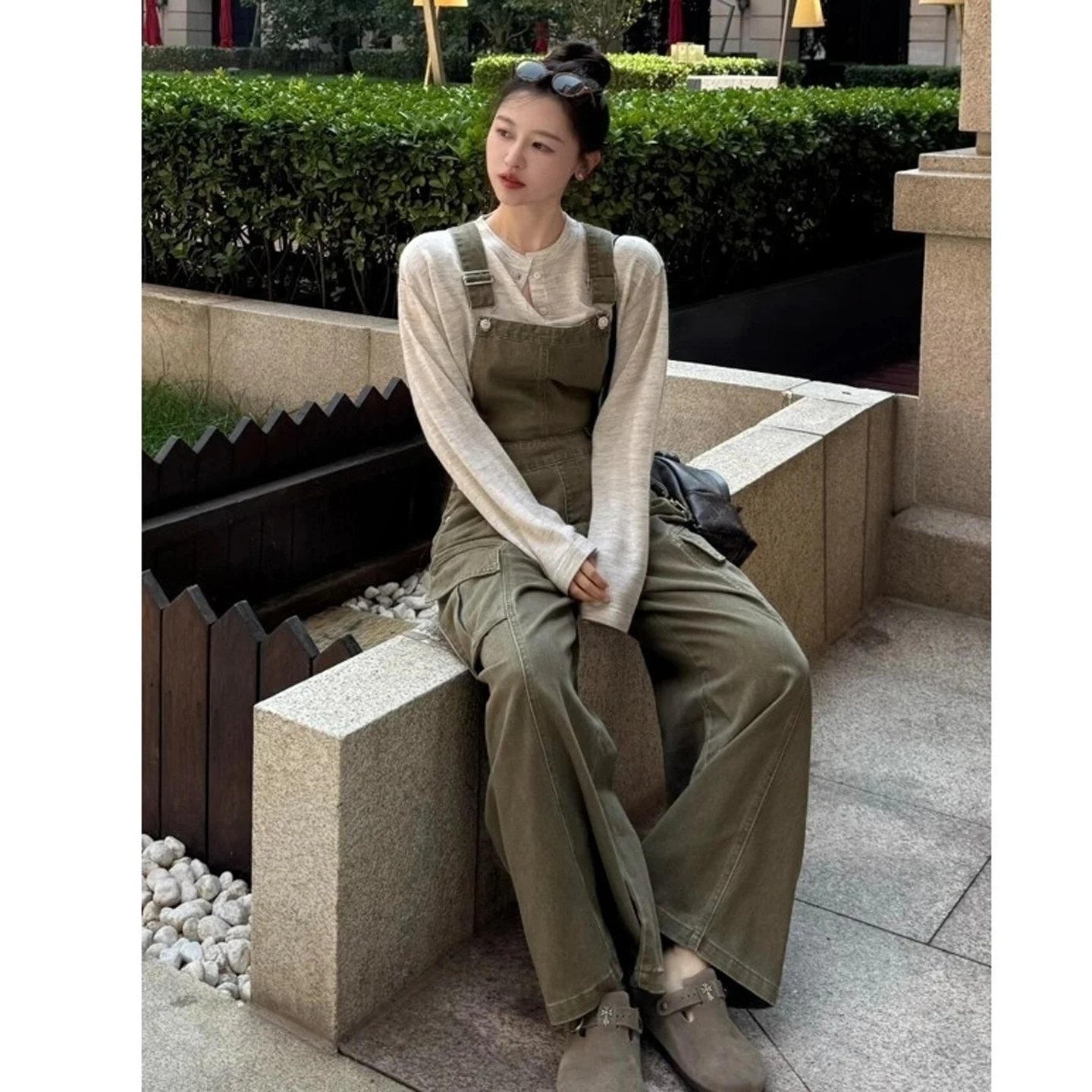 미국 레트로 워크웨어 슬레 여성 데님 오버롤 루즈 스트레이트 레그 와이드 레그 팬츠 하이 웨이스트 코튼 캐주얼 봄 가을