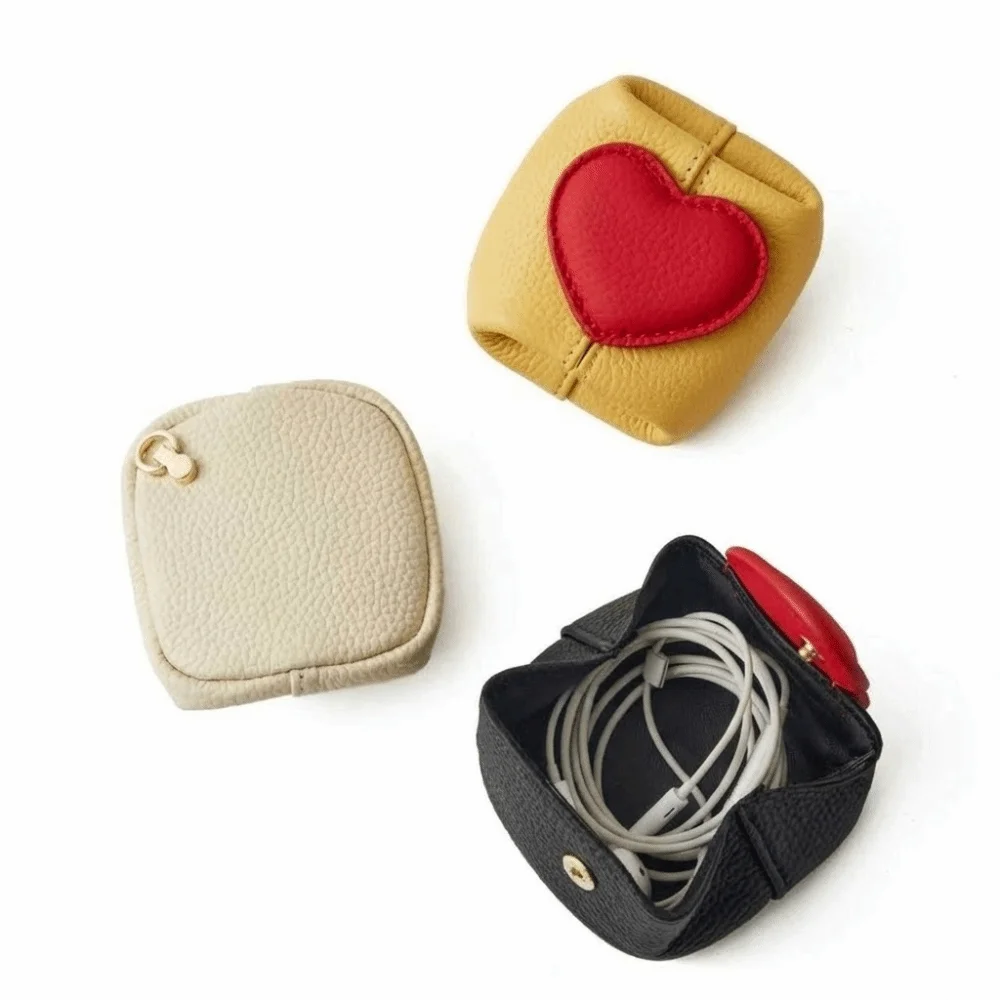 

Luxury Solid Color Cowhide Coin Purse Love Heart Square Coin Purse Car Key Storage Korean Style Jewelry Pouch Gifts