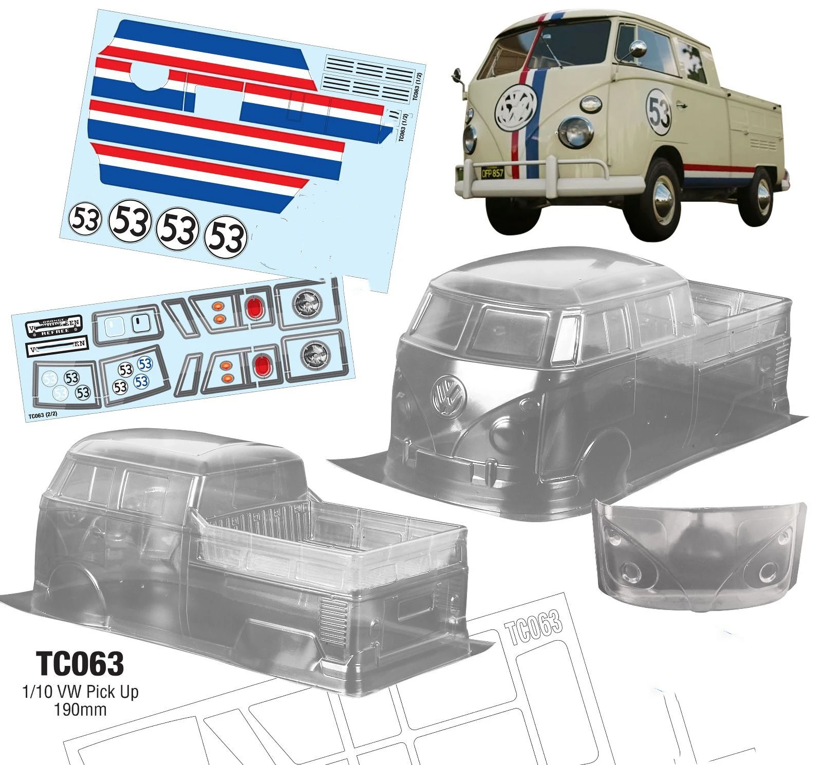 1/10 T1 van bus Pickup RC PC shell body 190mm szerokość light Cup Transparent no painted drift body for RC hsp hpi trax mst Tamiya