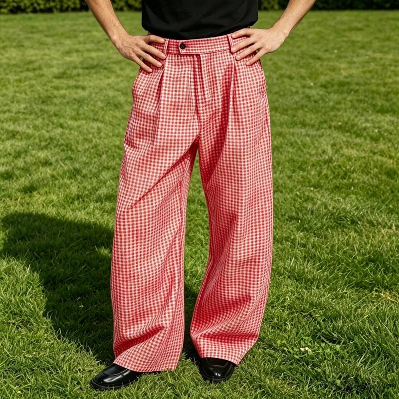 Men's Plaid Wide Leg Pants Loose Fit Cotton Linen Trousers Male Y2K Streetwear Casual Beach Breathable Elastic Waist Pockets view 3