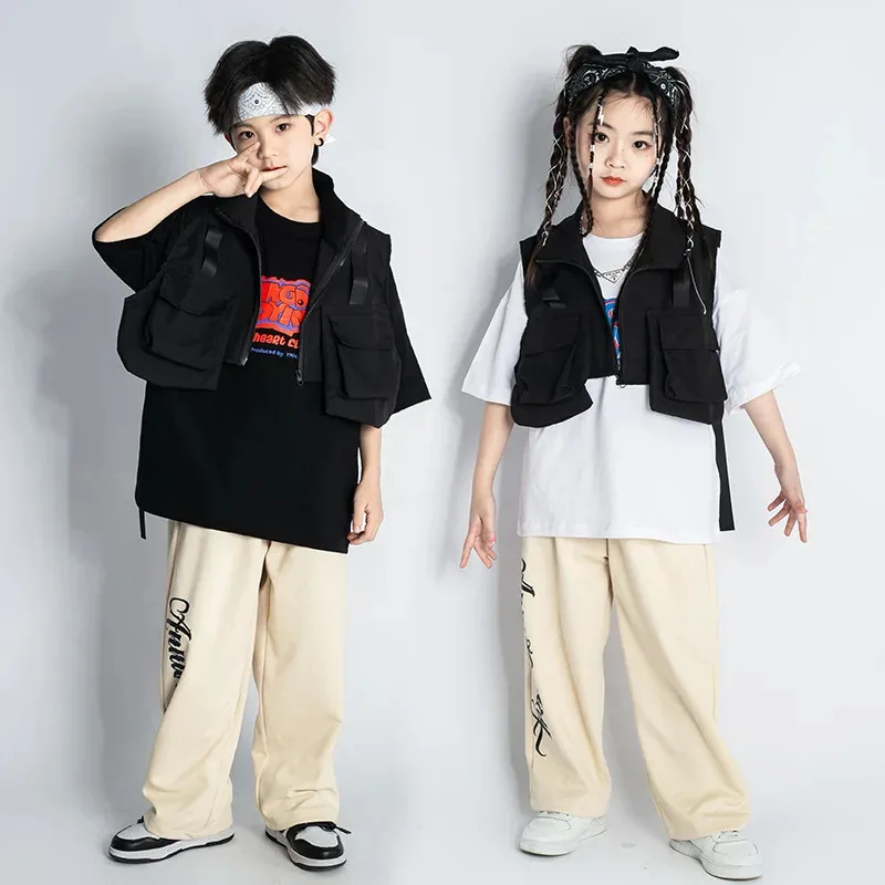 

Топы для джазовых выступлений для девочек и мальчиков, жилет, брюки, костюм уличной танцовщицы в стиле хип-хоп, одежда для концертных шоу, детская одежда в стиле хип-хоп, брюки