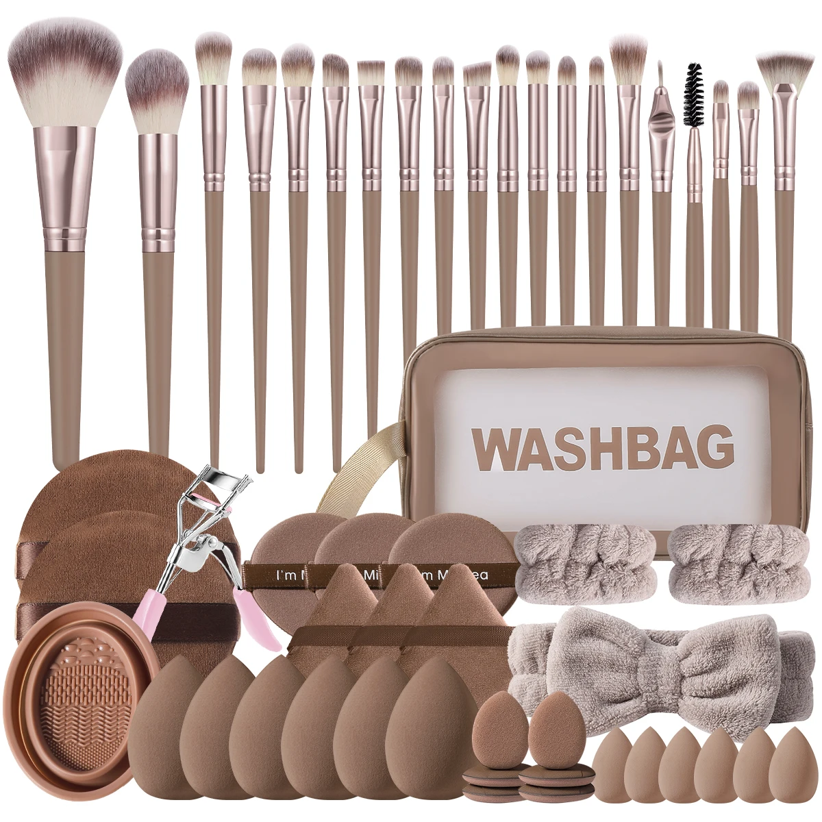 52PCS All-in-One Makeup Tools Set, 20 Professional Makeup Brushes, Regular & Mini Makeup Sponges, Triangle Powder Puffs, Mini Air Cushion Powder Puffs, Waterproof Zipper Cosmetic Bag, Hairband and Brush Cleaning Supplies for Beginner Full-Face Makeup