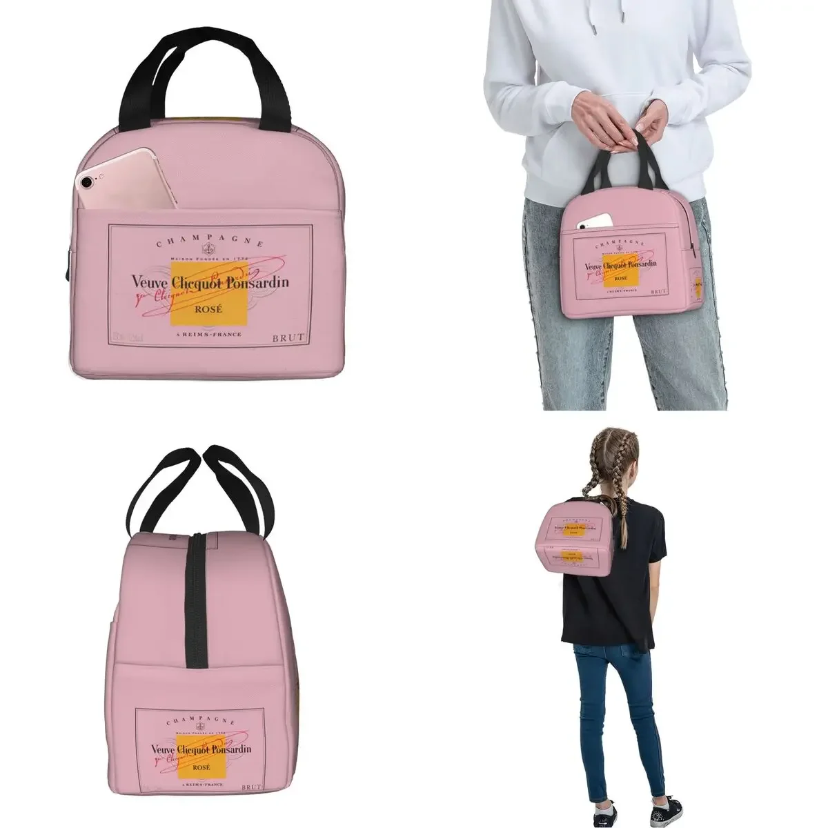 Champagne Pink Insulated Lunch Bags Leakproof Veuves Clicquots Lunch Container Cooler Bag Tote Lunch Box Office Food Storage Bag