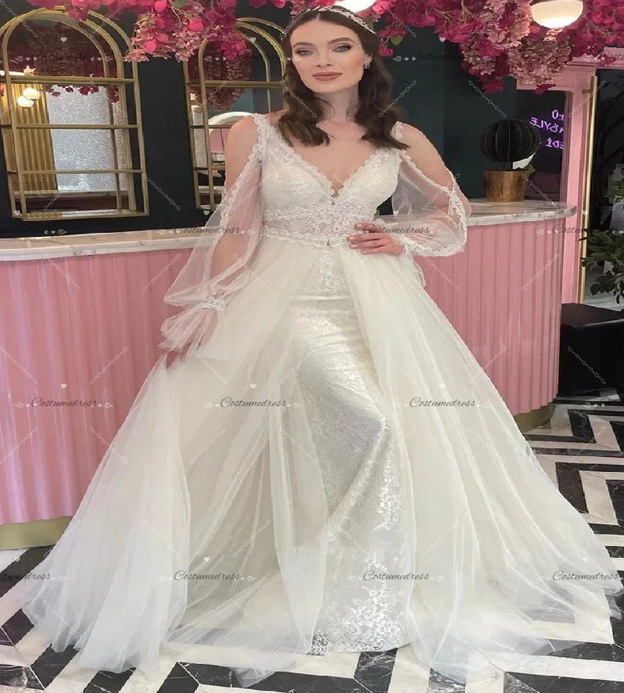 Enchanted Mermaid Bohemian Wedding Dress With Detachable Train Elegant Long Sleeve Lace Convertible  2 In 1 Gatsby Civil Bride
