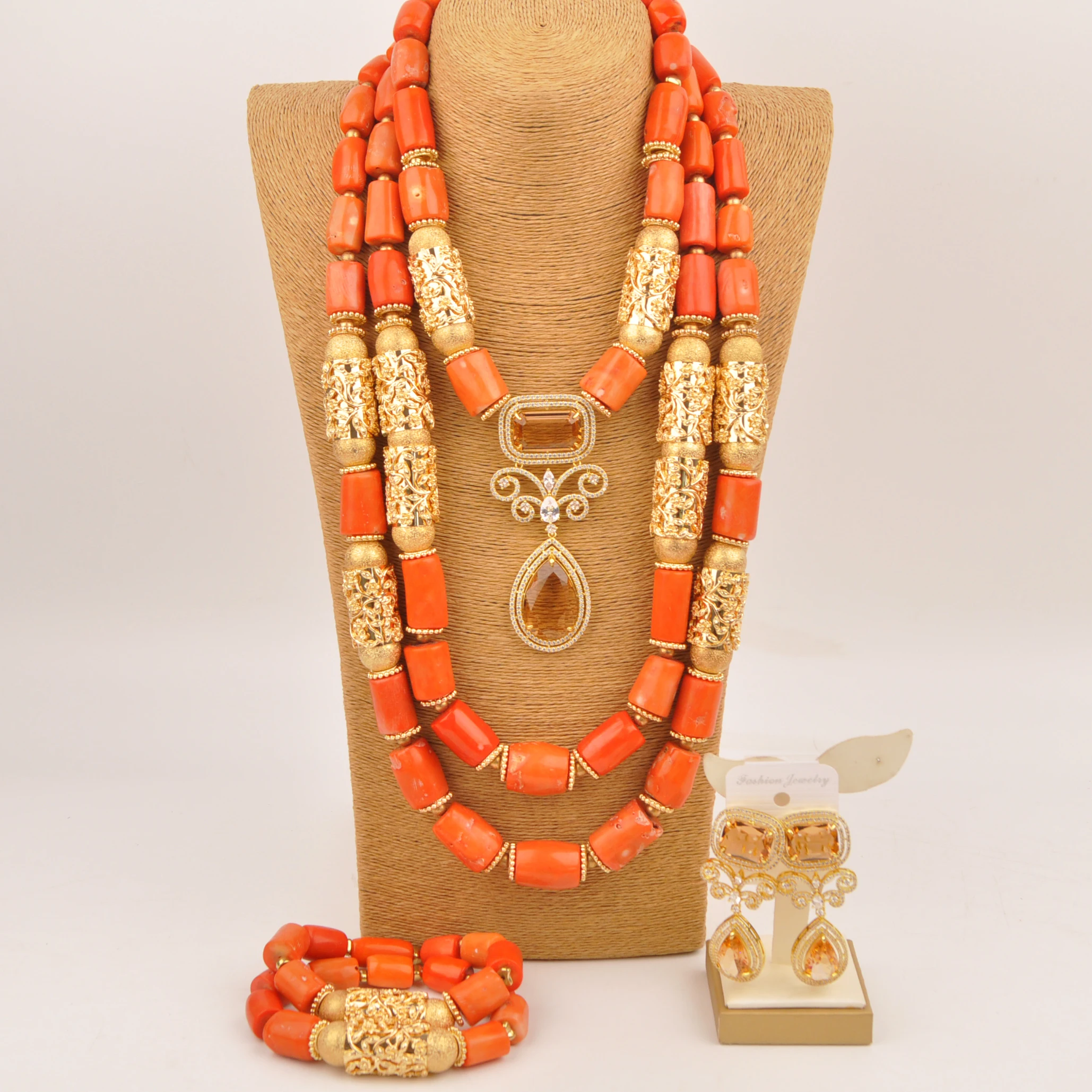 Nigerian Jewelry Set Natural Orange Coral Pearl jewelry set African bride gift