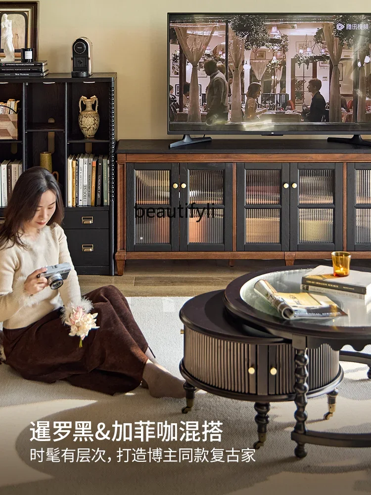 

zxqAmerican retro solid wood TV cabinet storage locker integrated living room French TV cabinet