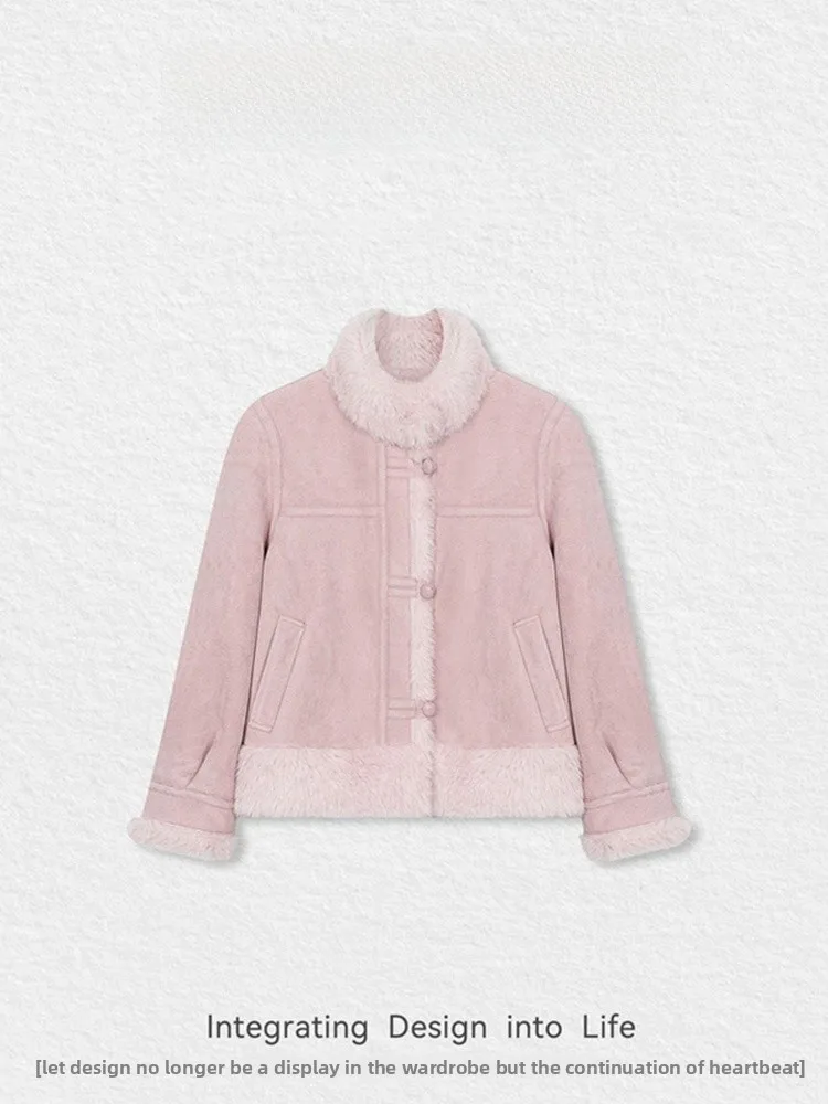 

Unique Pink Short Lamb Fur Jacket Women's Thickened Fleece Lined Leather And Fur Integrated Winter New Style Casual Loose Fit