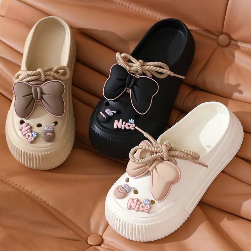 2025 New Slippers DIY Bow Platform Sandals for Women Summer Thick Sole Beach Slides Woman Flowers Non Slip Clogs Garden Shoes