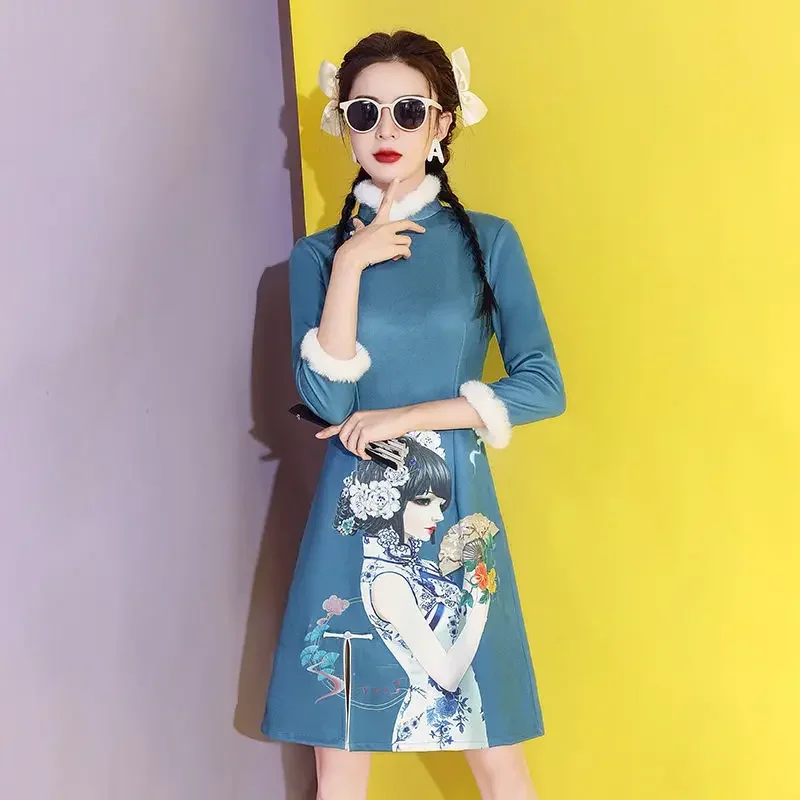 

National tide cheongsam winter 2024 new young autumn and winter improved winter plus velvet thickened blue national