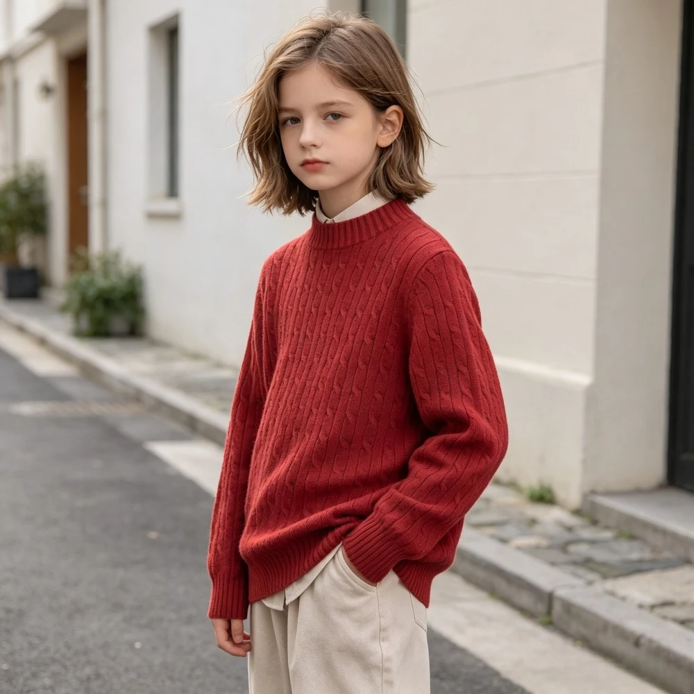 Kids Cable Knit Sweater Long Sleeve Pullover Top Boys Girls Solid Color Warm Basic Jumper for School Daily Wear Autumn Winter