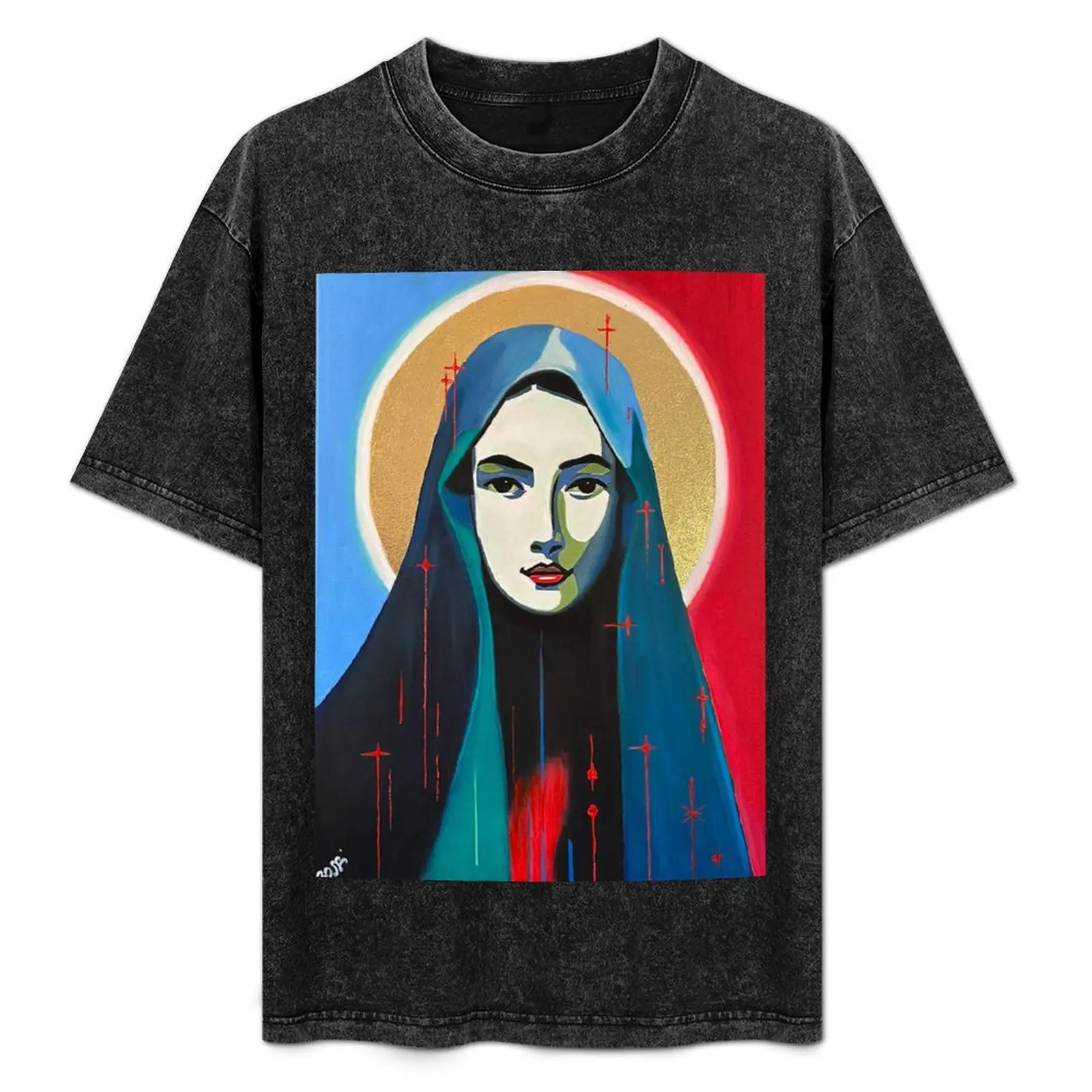 María Magdalena. Artista: ROSSI, acrílico, óleo pastel, lámina dorada, Virgen María, camiseta con estampado informal de la Virgen María