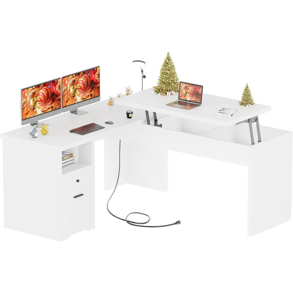 

Lift Top L Shaped Desk with Drawer, Large Office Desk with Power Outlets and USB Charging Ports, Sturdy Corner Computer