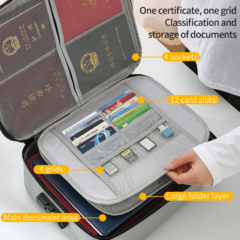 Multi-Layer Portable File Storage with Lock for Important Passport Certificates Waterproof Organizer Fireproof Document Bag