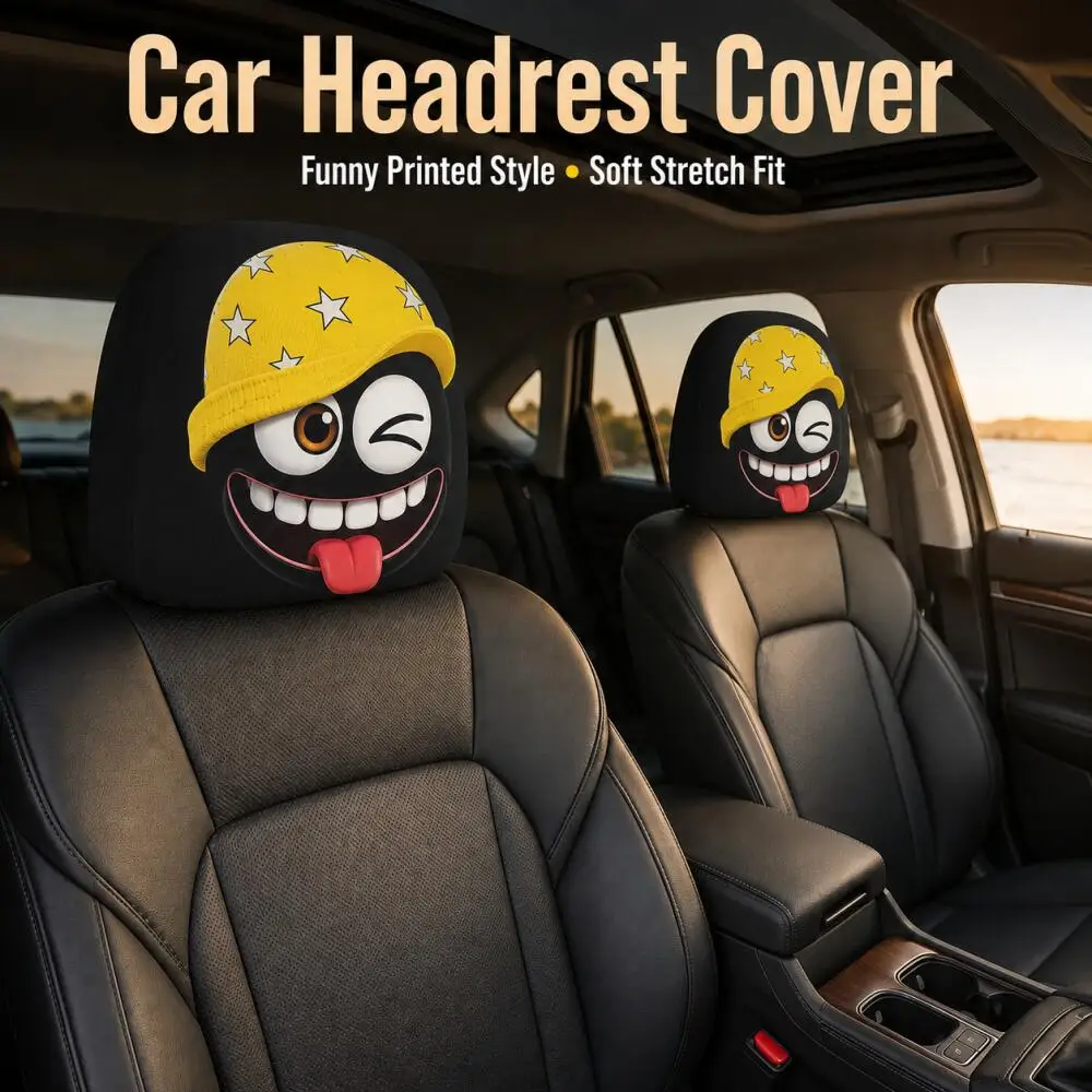 2PCS Yellow Star Beanie Wink Tongue Face Car Headrest Covers 2D Flat Playful Print Black Fun Universal Auto Headrest Protector