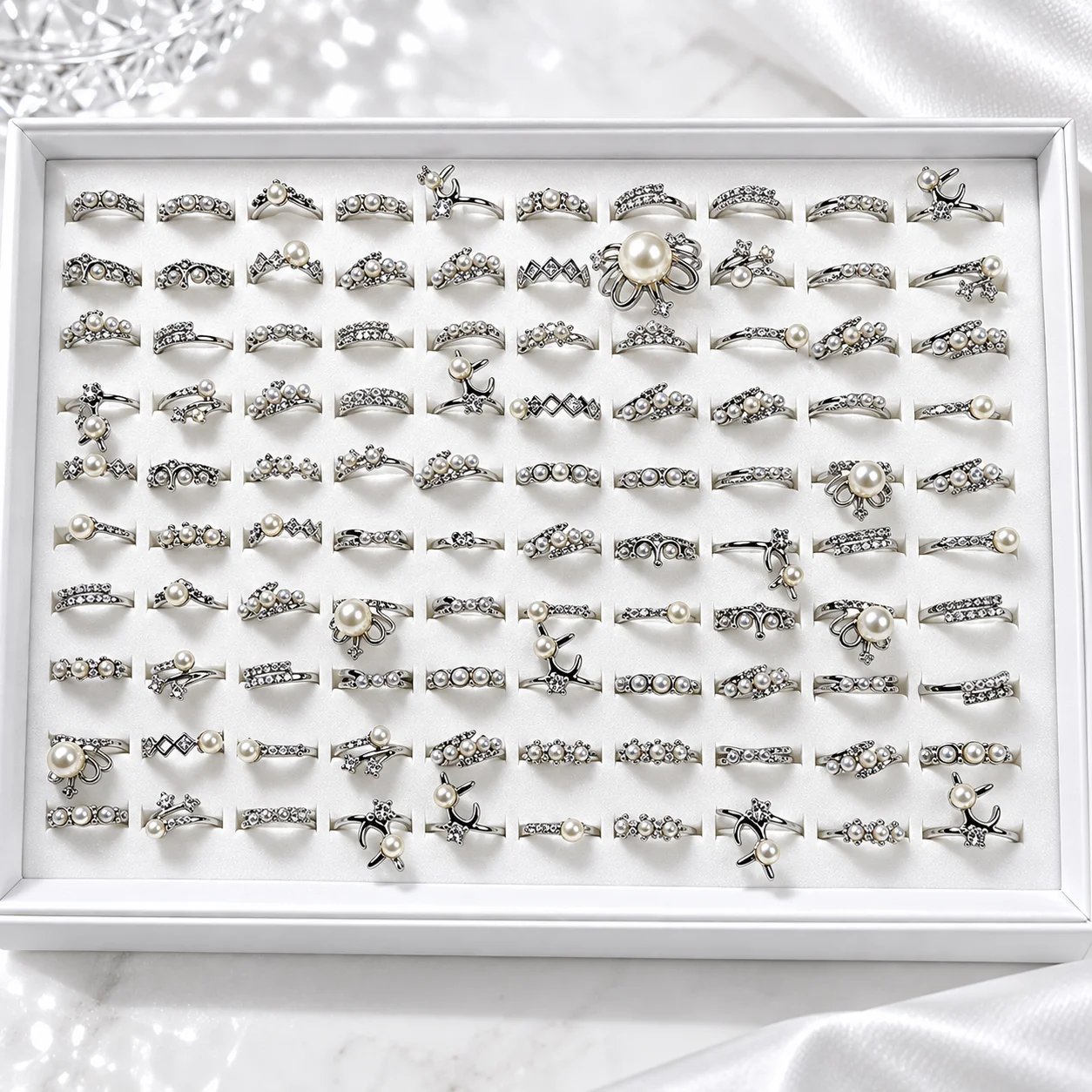 50Pcs Silver Plated Pearl Ring Set for Women Vintage Crystal Flower Stackable Rings Elegant Wedding Jewelry Gift Wholesale