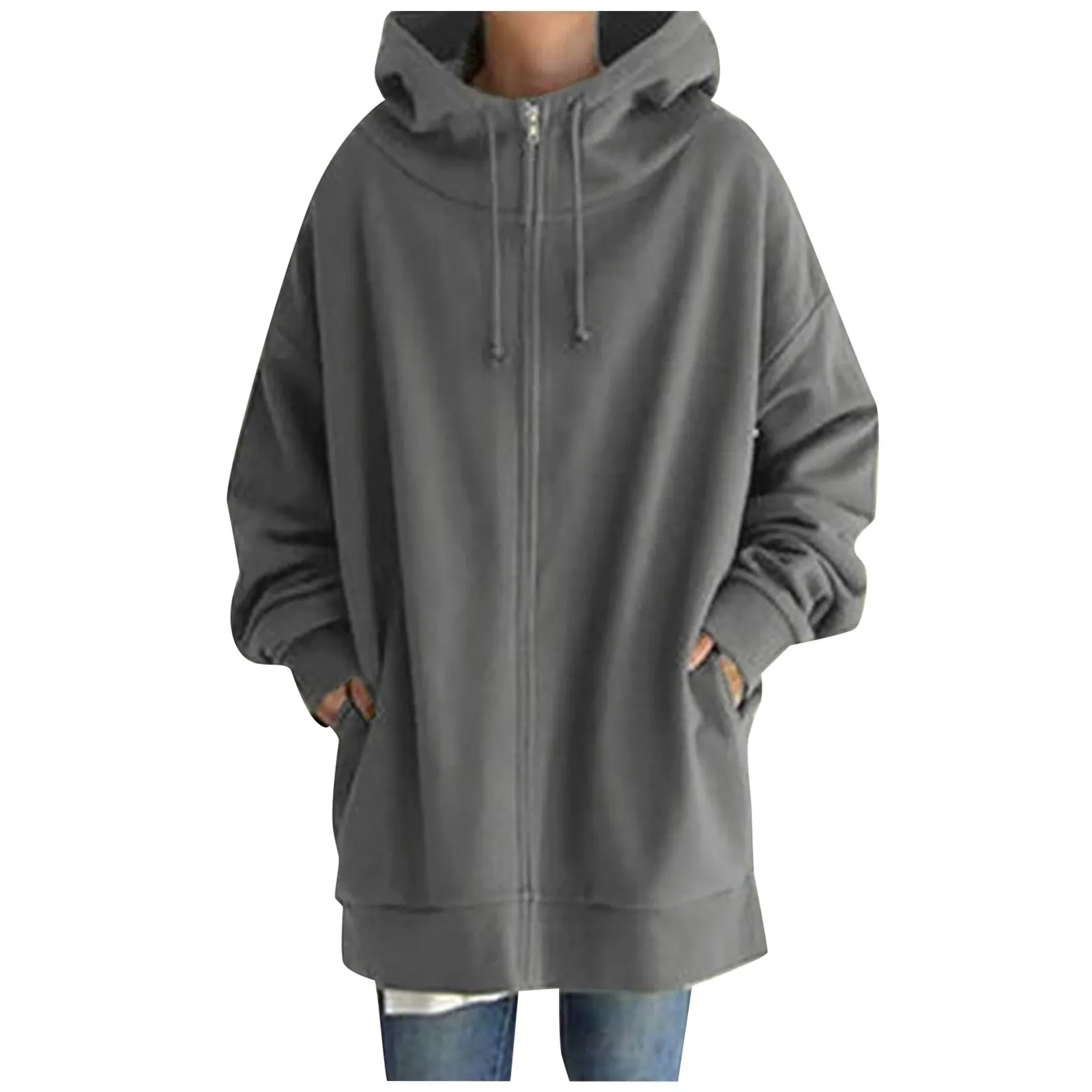 Winter Women Fleece Zip Hoodie Long Oversized Hooded Zipper Sweatshirts With Pockets Women\'s Tops