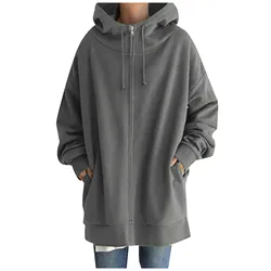 Sudadera con capucha y cremallera de forro polar para mujer, sudaderas largas de gran tamaño con bolsillos, Tops de invierno