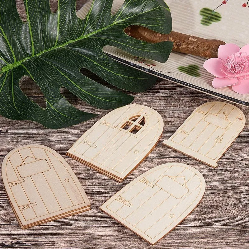 40 Pcs Unpainted Fairy Themed Mini Door Shape Wooden Pieces, 4 Patterns Wood Fairy Garden Door Miniature DIY Craft