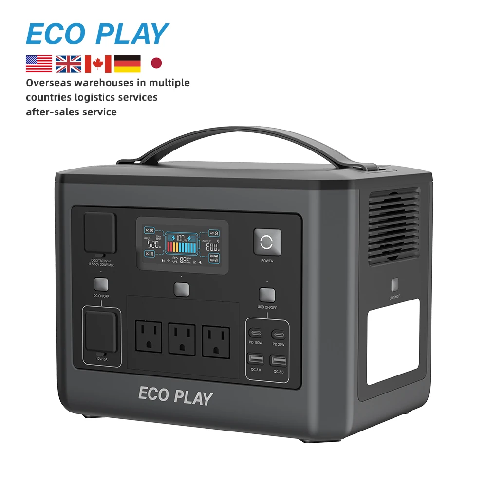 ECOPLAY 800W Portable Station High-Power Pure Sine Wave MPPT Solar Panel Car Emergency Home Backup Energy Storage Flashlight