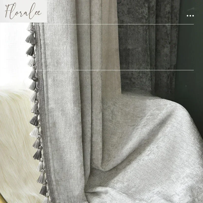Nuevas cortinas opacas de lujo europeas para sala de estar dormitorio doble Color gris chenilla mosaico borla encaje tul personalizar