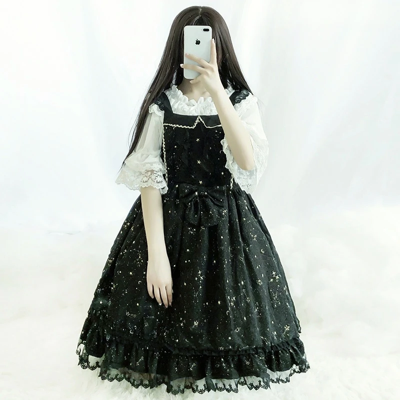 Kawaii Girl Gothic Lolita JSK Princess Loli JSK Cos Vintage Sweet Lolita Dress Cute Printing Fly Sleeve Lace Victorian Dress