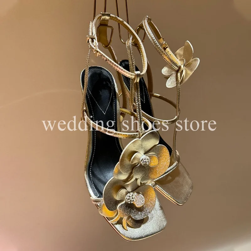 Black White New High Heels for Women Flower High-Heeled Sandals Square Toe Stiletto Heels Luxury Wedding Party Woman Sandals 9CM