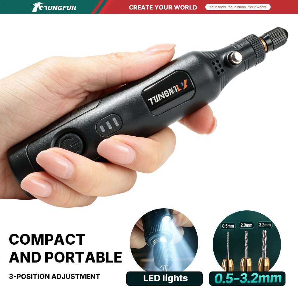 TUNGFULL Portable Electric Engraver Tool Type‑C Multi‑Speed Mini Grinder with LED for Glass Engraving Jewelry DIY Craft