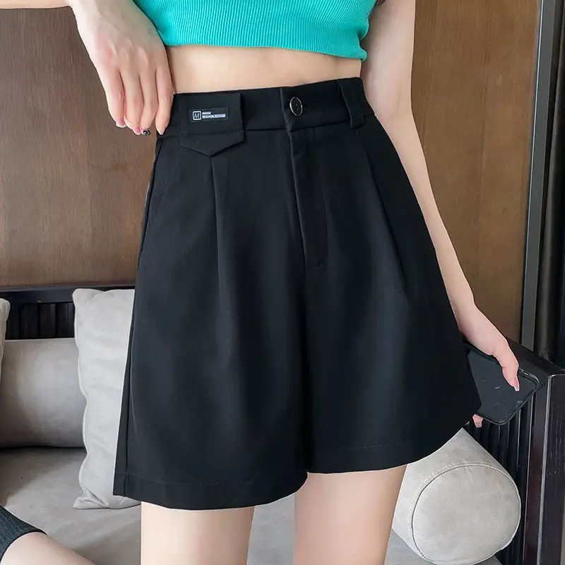 Zomer Effen Kleur Hoge Taille Knoop Rits Zakken Dames Kleding Casual Broekpakken Knie Broek Office Dames Wijde Pijpen Shorts