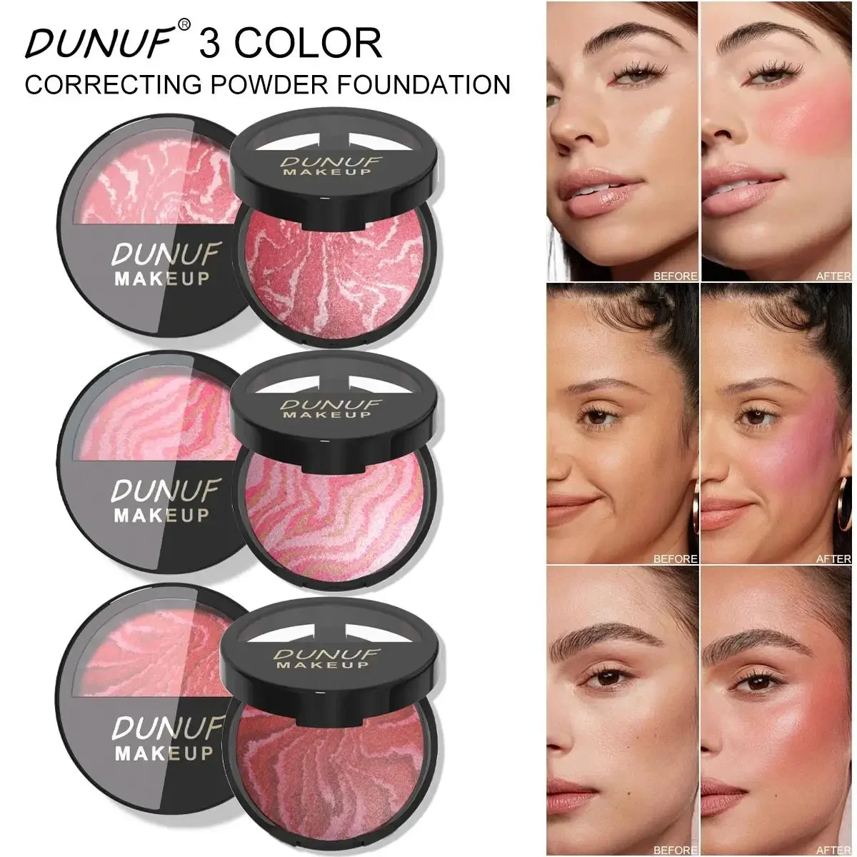 لوحة أحمر خدود مقاومة للماء وخفيفة الوزن مكونة من 3 ألوان، بودرة مخبوزة تدوم طويلاً، كريم أساس ناعم وجيد التهوية لتصحيح المكياج