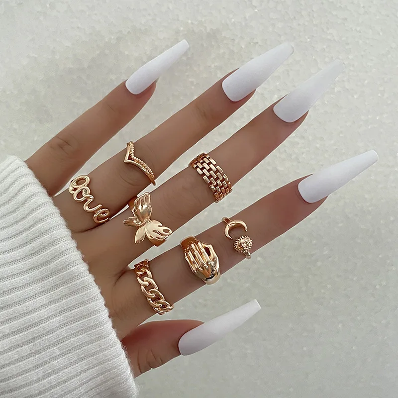 Bohemian Style Hollow Flower Ring Set, Simple Smooth Leaf Vine Imitation Pearl Ring 10-Piece Set