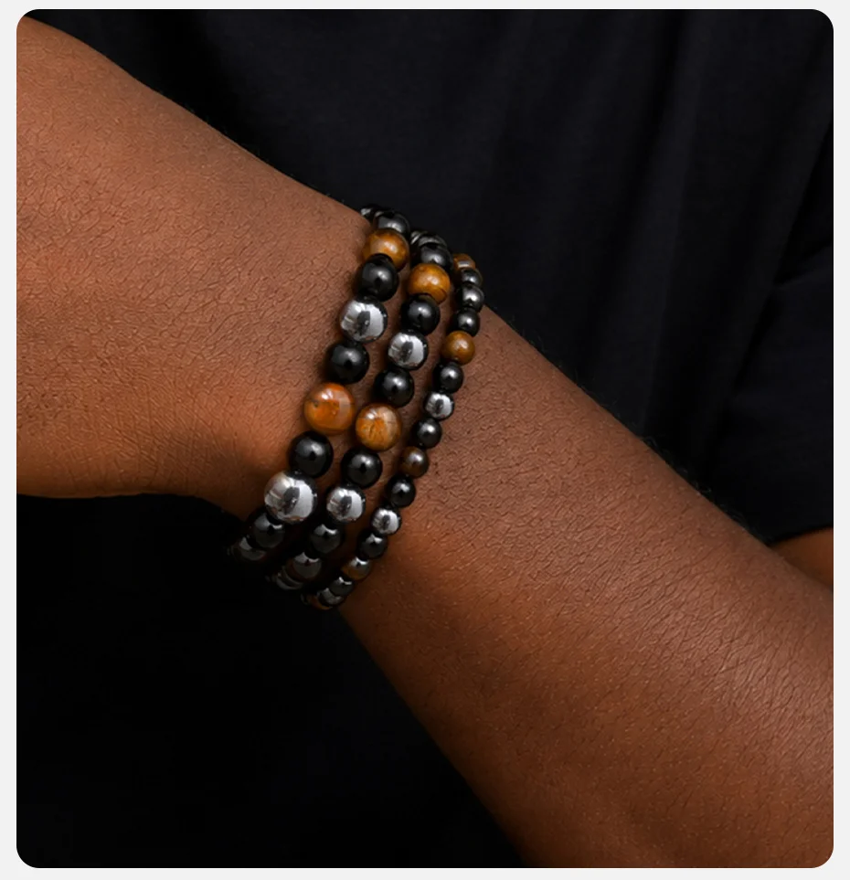 Vnox 6/8/10mm Breites Perlenarmband für Männer, Tigerauge Hämatit Schwarzes Glasstein Stretch-Armband, Elastischer Handgelenkschmuck Geschenk – Detail 3
