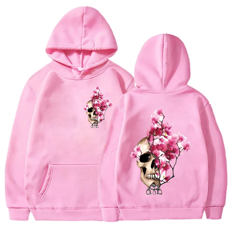 Casual Women\'s Hoodies Skull Floral Print Women Hoodie Stylish Hooded Sweatshirt Long Sleeve Top Autumn Winter Pink Hoodies Tops