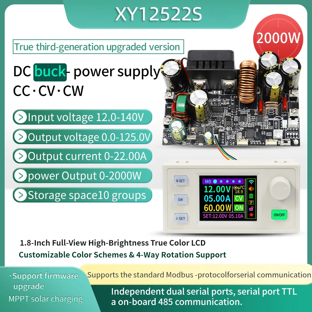 

XY12522S Регулируемый источник питания постоянного тока с ЧПУ, стабилизированный источник питания, постоянное напряжение и ток, модуль солнечной зарядки 125 В/2000 Вт