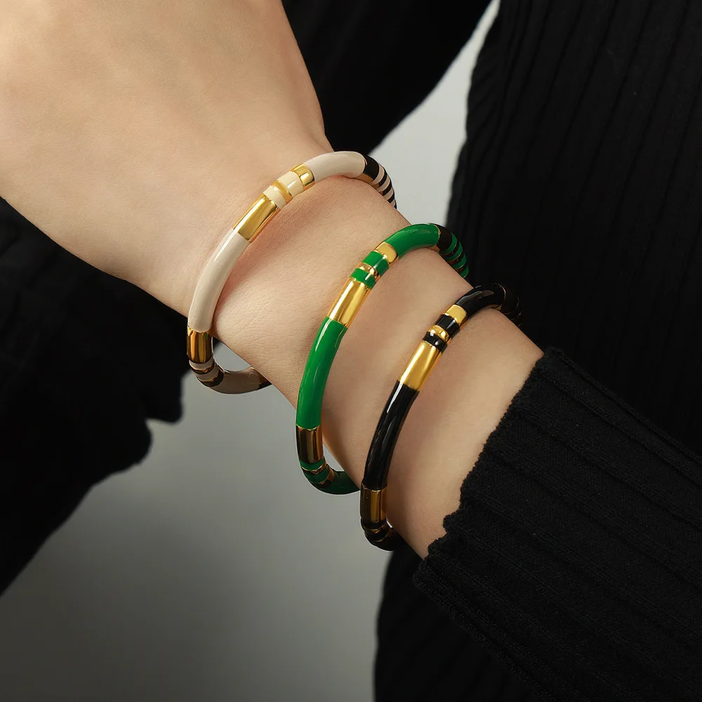 Chic Cuff Bracelets For Women Stainless Steel Beige Black Enamel Women Smooth Bangle Waterproof Charm Daily Jewelry Wholesale