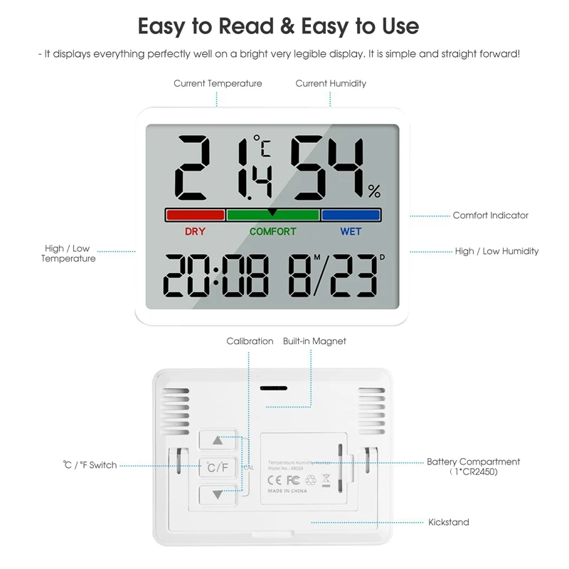 8280 Slim Simple Digital Clock Multi-Function Temperature Humidity Electronic Clock White 1Set